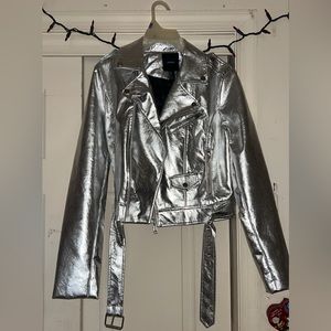 Faux silver leather jacket. Size medium. Forever 21. Barley worn.